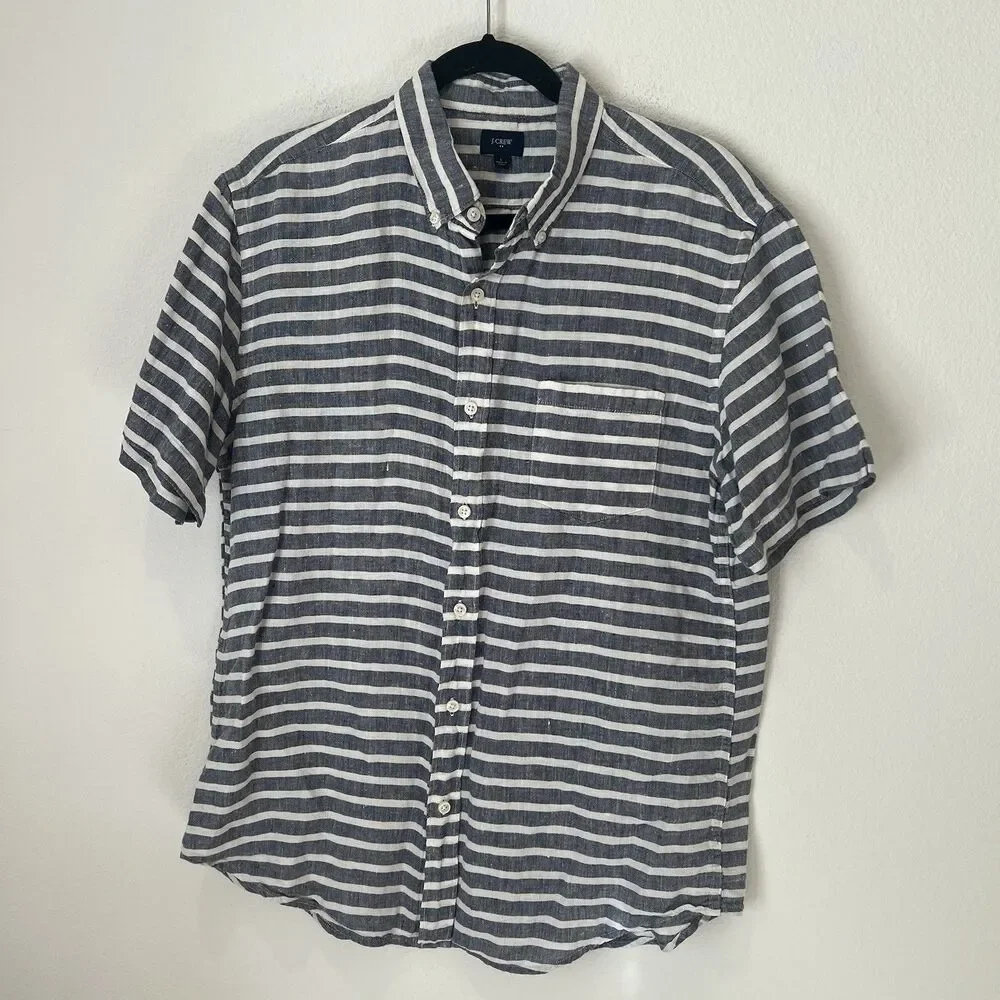 J. CREW 100% Linen Nautical Striped Short Sleeve Button Up Size Large Vacation